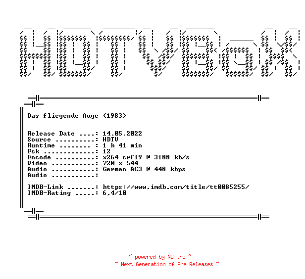 NFO for the release Das.fliegende.Auge.1983.German.720p.HDTV.x264.iNTERNAL-HDTVBoX by HDTVBoX