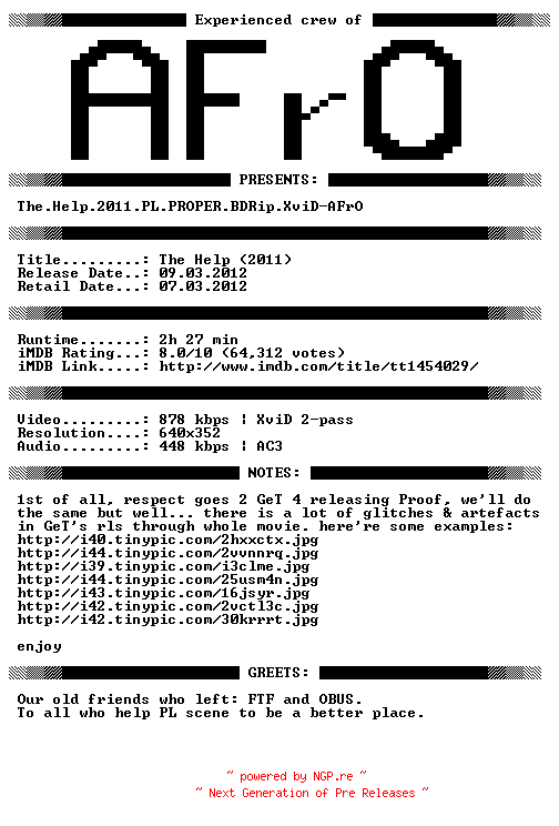 NFO for the release The.Help.2011.PL.PROPER.BDRip.XviD-AFrO by AFrO