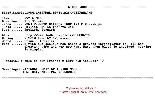 NFO for the release Blood.Simple.1984.iNTERNAL.BDRip.x264-LiBRARiANS by LiBRARiANS