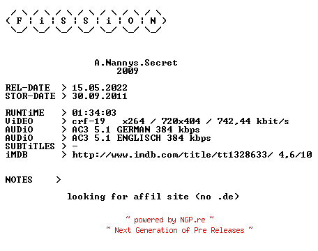 NFO for the release A.Nannys.Secret.German.2009.DL.BDRiP.x264.iNTERNAL-FiSSiON by FiSSiON