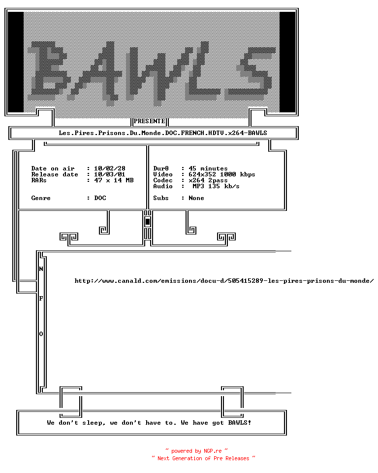 NFO for the release Les.Pires.Prisons.Du.Monde.DOC.FRENCH.HDTV.x264-BAWLS by BAWLS