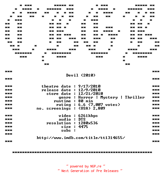 NFO for the release Devil.720p.Bluray.x264-CBGB by CBGB