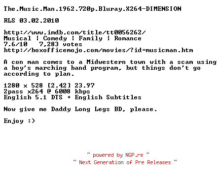 NFO for the release The.Music.Man.1962.720p.Bluray.X264-DIMENSION by DIMENSION