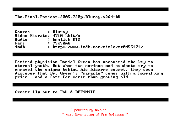 NFO for the release The.Final.Patient.2005.720p.Bluray.x264-hV by hV