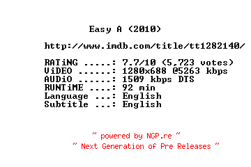NFO for the release Easy.A.2010.720p.BluRay.x264-METiS by METiS