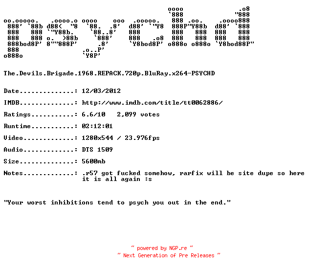 NFO for the release The.Devils.Brigade.1968.REPACK.720p.BluRay.x264-PSYCHD by PSYCHD