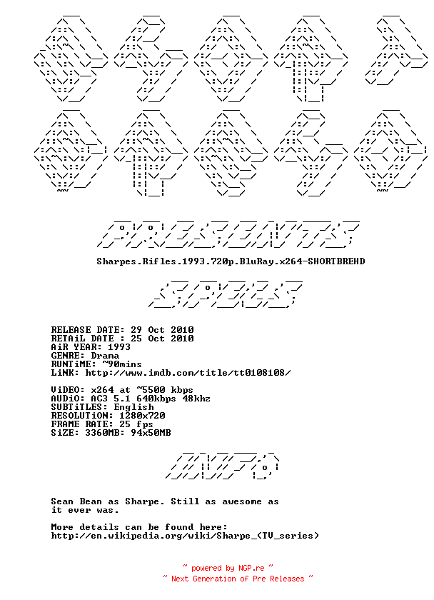 NFO for the release Sharpes.Rifles.1993.720p.BluRay.x264-SHORTBREHD by SHORTBREHD