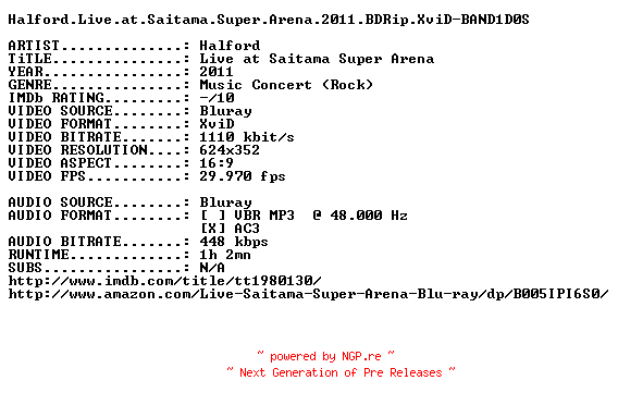 NFO for the release Halford.Live.at.Saitama.Super.Arena.2011.BDRip.XviD-BAND1D0S by BAND1D0S