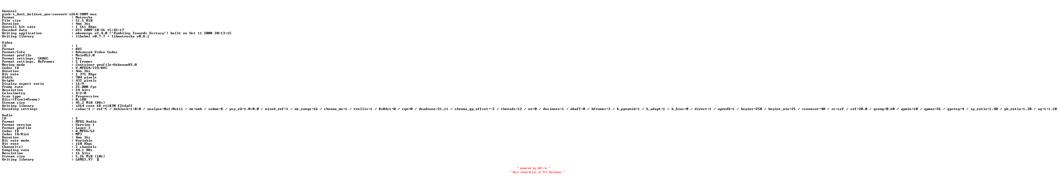 NFO for the release Pink-i_dont_believe_you-convert-x264-2009-mVa by mVa