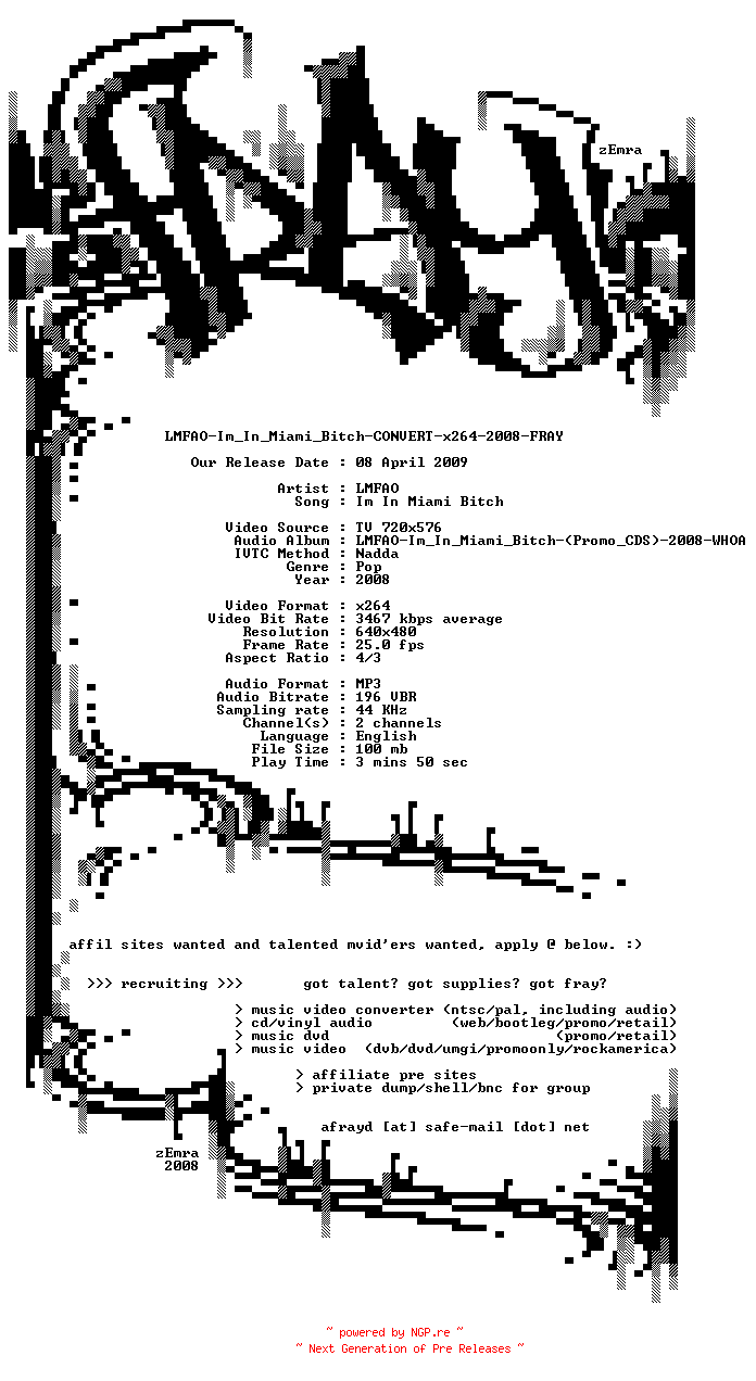 NFO for the release LMFAO-Im_In_Miami_Bitch-CONVERT-x264-2008-FRAY by FRAY