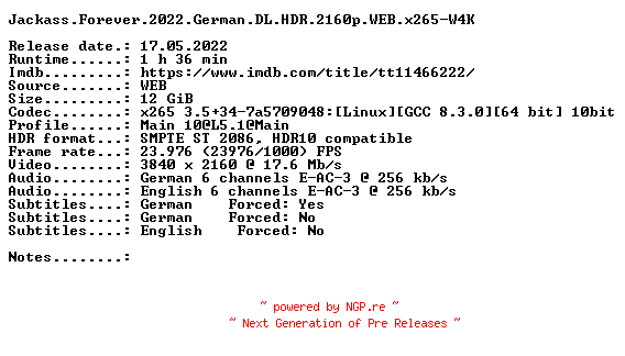 NFO for the release Jackass.Forever.2022.German.DL.HDR.2160p.WEB.x265-W4K by W4K