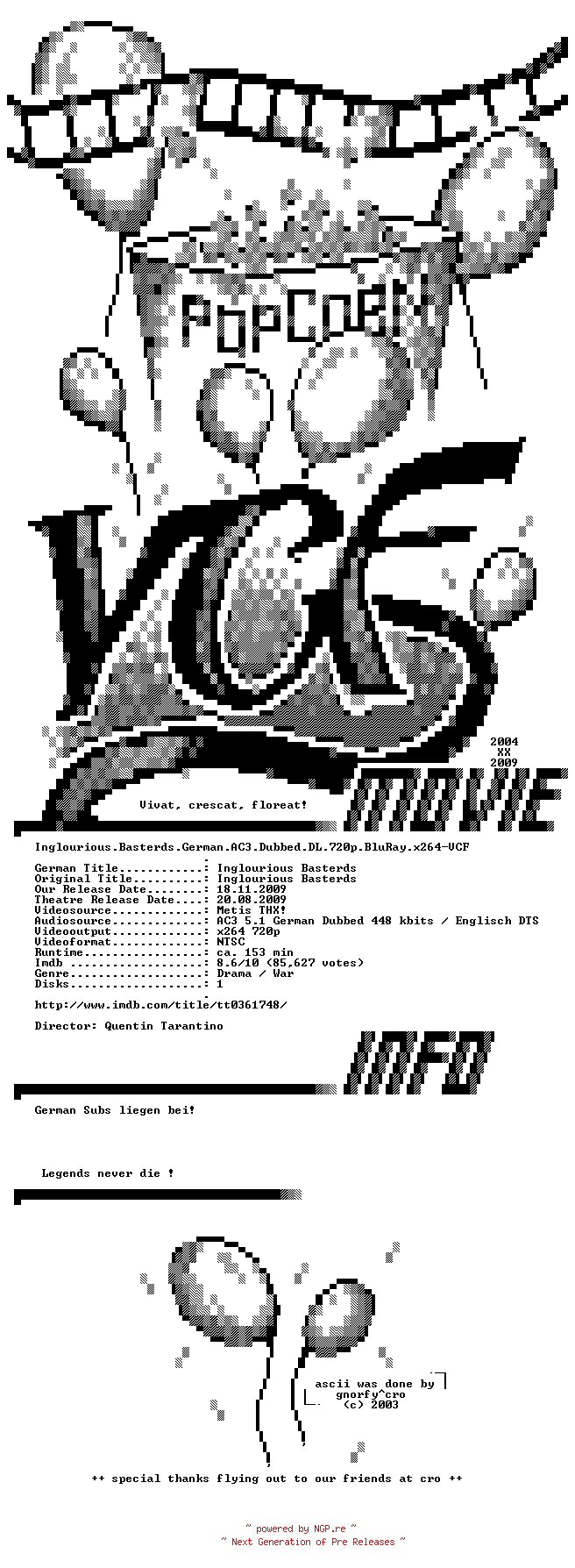 NFO for the release Inglourious.Basterds.German.AC3.Dubbed.DL.720p.BluRay.x264-VCF by VCF