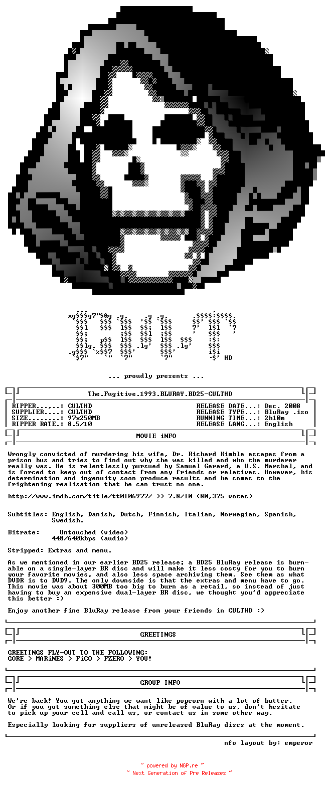 NFO for the release The.Fugitive.1993.BLURAY.BD25-CULTHD by CULTHD
