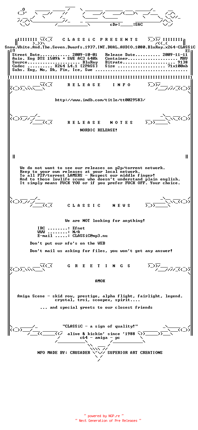 NFO for the release Snow.White.And.The.Seven.Dwarfs.1937.INT.DUAL.AUDIO.1080.BluRay.x264-CLASSiC by CLASSiC