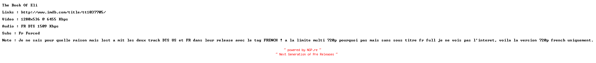 NFO for the release The.Book.Of.Eli.PROPER.FRENCH.720p.BluRay.x264-HiDeF by HiDeF