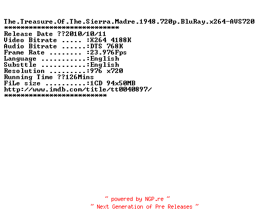 NFO for the release The.Treasure.Of.The.Sierra.Madre.1948.720p.BluRay.x264-AVS720 by AVS720