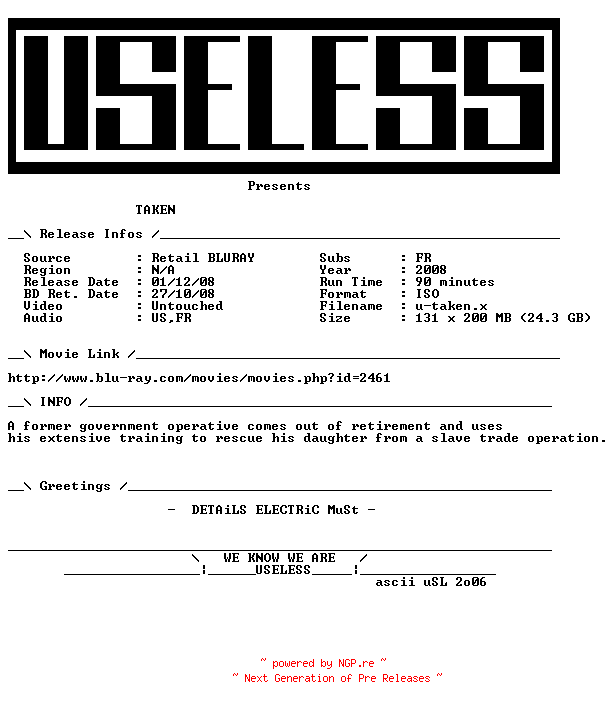 NFO for the release Taken.MULTi.BLURAY-USELESS by USELESS