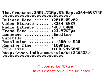 NFO for the release The.Greatest.2009.720p.BluRay.x264-AVS720 by AVS720