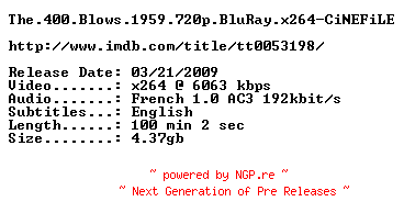 NFO for the release The.400.Blows.1959.720p.BluRay.x264-CiNEFiLE by CiNEFiLE