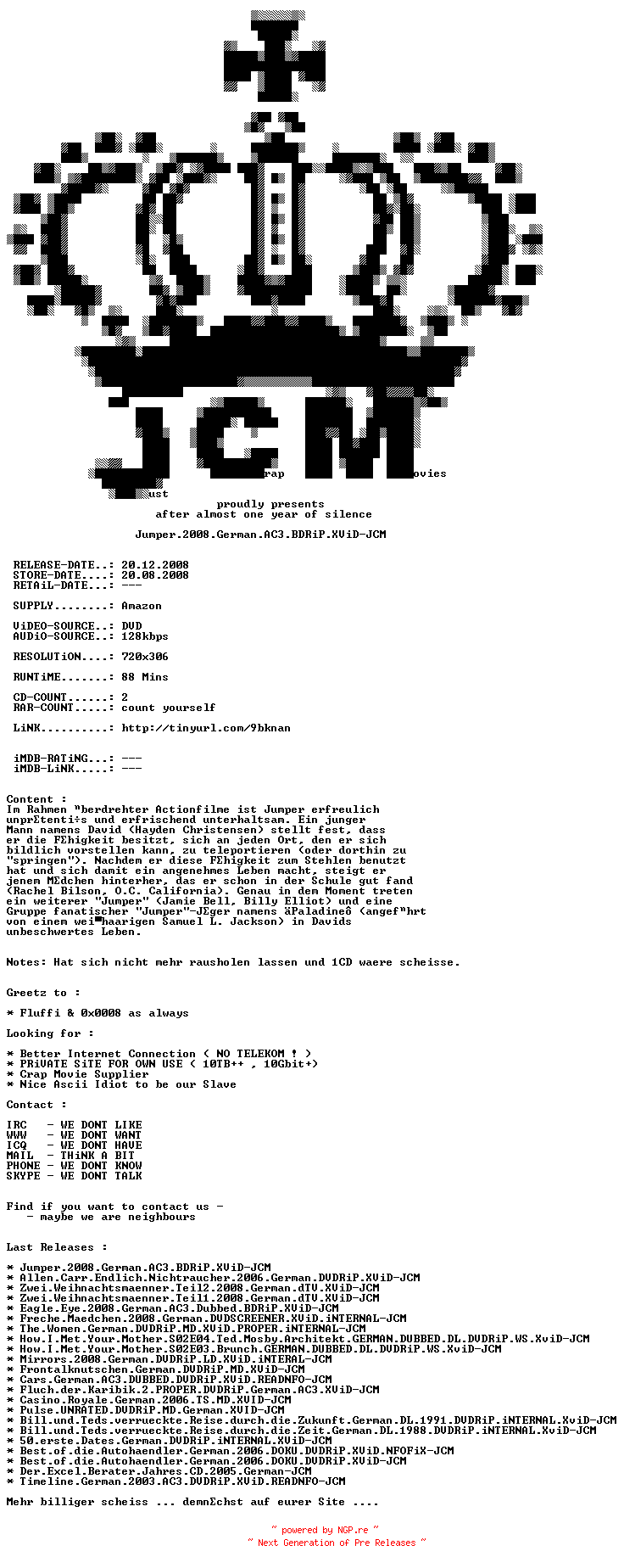 NFO for the release Jumper.2008.German.AC3.BDRiP.XViD-JCM by JCM