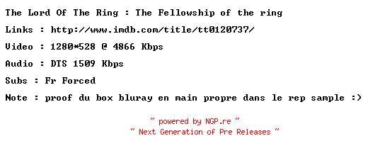 NFO for the release The.Lord.Of.The.Rings.The.Fellowship.Of.The.Ring.2001.FRENCH.720p.Bluray.x264-HiDeF by HiDeF