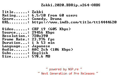 NFO for the release Zokki.2020.BDRip.x264-ORBS by ORBS