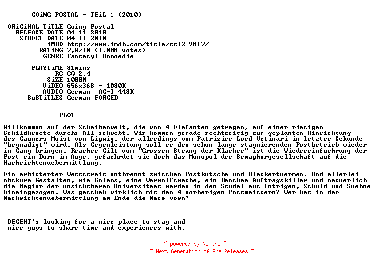 NFO for the release Going.Postal.Teil1.German.2010.AC3.BDRip.XviD-DECENT by DECENT