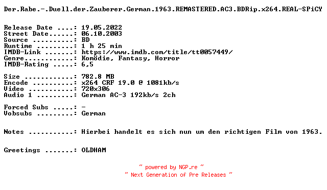 NFO for the release Der.Rabe.-.Duell.der.Zauberer.German.1963.REMASTERED.AC3.BDRip.x264.REAL-SPiCY by SPiCY