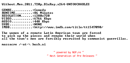 NFO for the release Without.Men.2011.720p.BluRay.x264-UNTOUCHABLES by UNTOUCHABLES