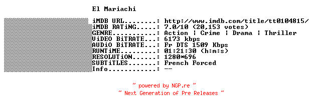 NFO for the release El.Mariachi.1992.FRENCH.720p.BluRay.x264-THENiGHTMAREiNHD by THENiGHTMAREiNHD