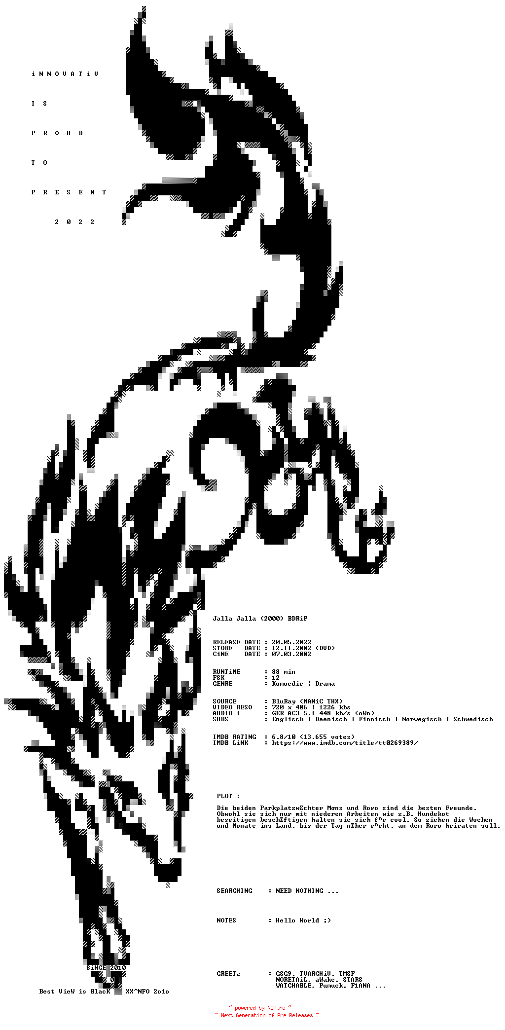 NFO for the release Jalla.Jalla.2000.German.AC3D.BDRiP.x264.iNTERNAL-iNNOVATiV by iNNOVATiV