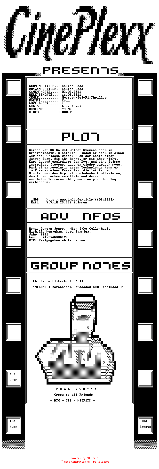 NFO for the release Source.Code.BDRiP.Line.Dubbed.German.iNTERNAL.XviD-CinePlexx by CinePlexx
