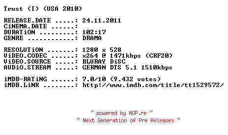 NFO for the release Trust.2010.German.720p.BluRay.x264-PRiViLEGED by PRiViLEGED