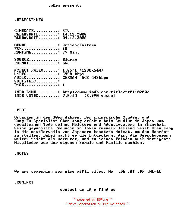 NFO for the release Jet.Li.Fist.of.Legend.1994.German.AC3.720p.Bluray.x264-w0rm by w0rm