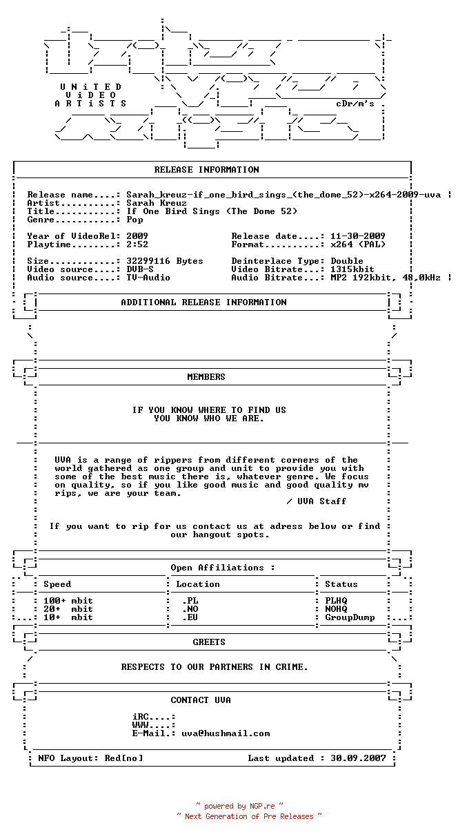 NFO for the release Sarah_kreuz-if_one_bird_sings_(the_dome_52)-x264-2009-uva by uva