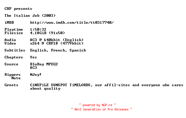 NFO for the release The.Italian.Job.2003.720p.BluRay.x264.iNT-CRF by CRF