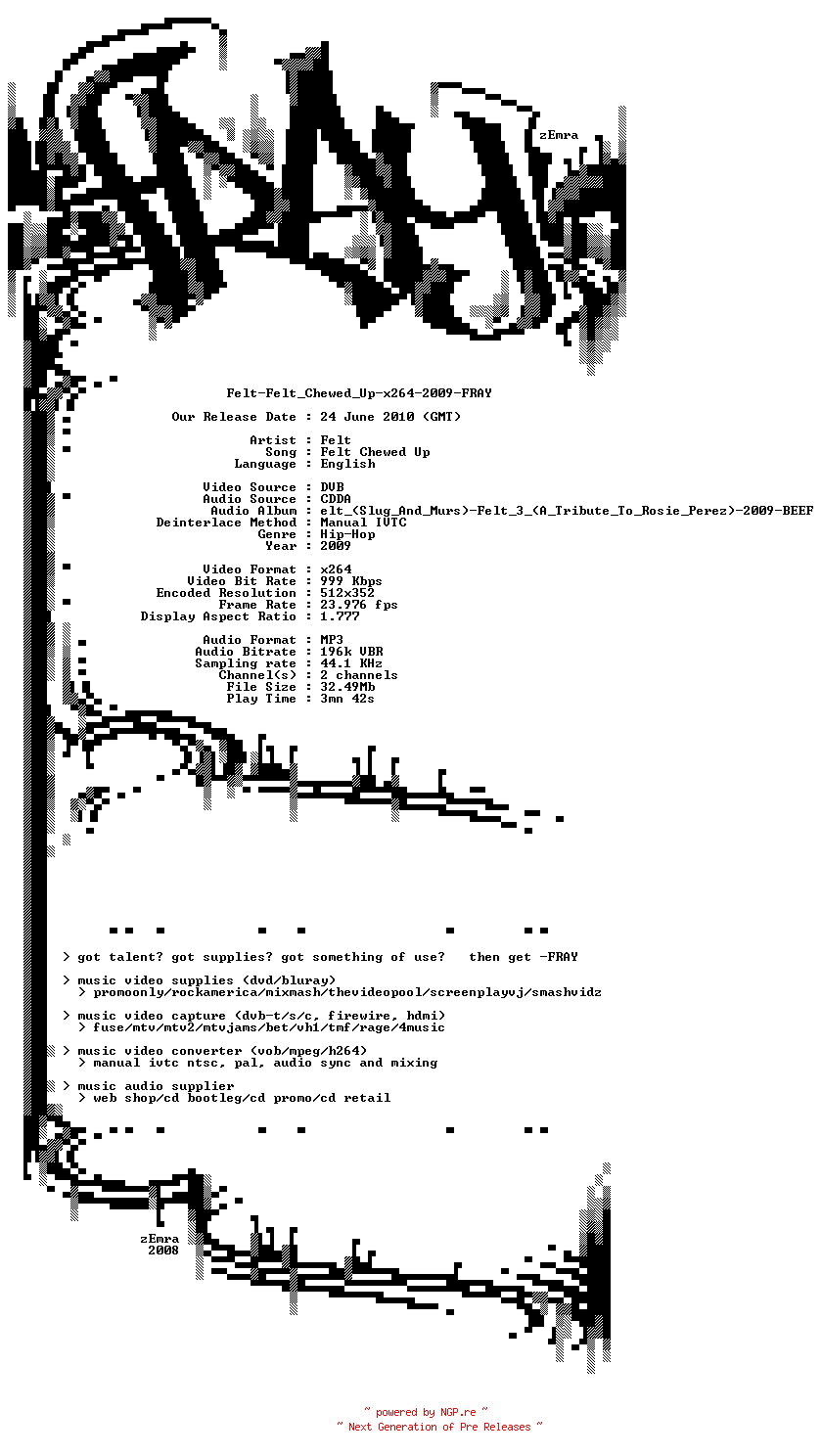 NFO for the release Felt-Felt_Chewed_Up-x264-2009-FRAY by FRAY