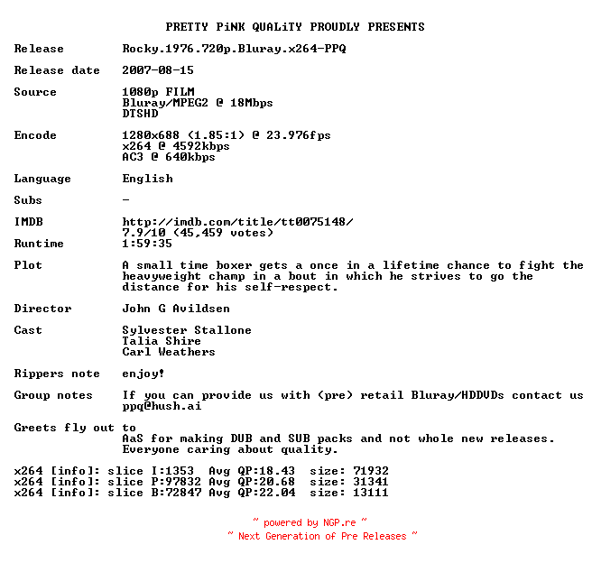 NFO for the release Rocky.1976.720p.Bluray.x264-PPQ by PPQ