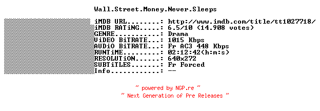 NFO for the release Wall.Street.Money.Never.Sleeps.2010.FRENCH.BDRiP.XViD-THENiGHTMARE by THENiGHTMARE