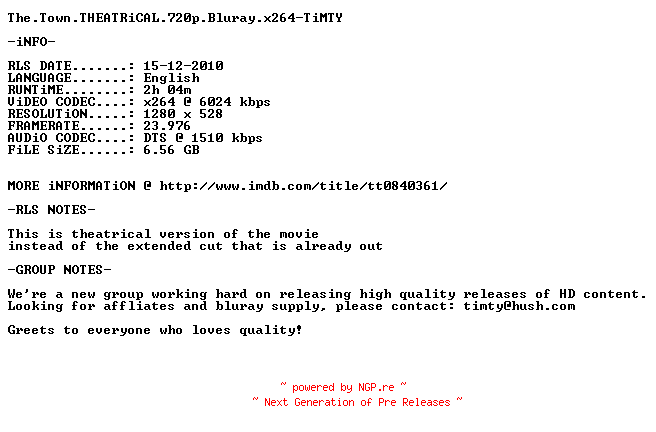 NFO for the release The.Town.THEATRiCAL.720p.Bluray.x264-TiMTY by TiMTY