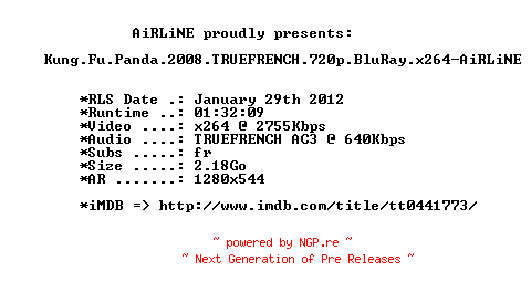 NFO for the release Kung.Fu.Panda.2008.TRUEFRENCH.720p.BluRay.x264-AiRLiNE by AiRLiNE
