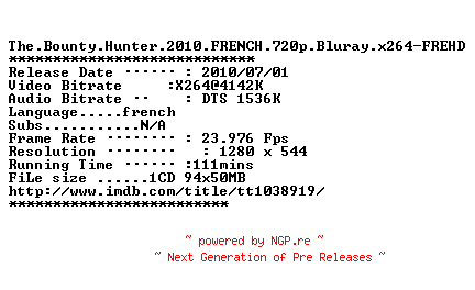 NFO for the release The.Bounty.Hunter.2010.FRENCH.720p.Bluray.x264-FREHD by FREHD