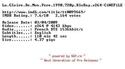 NFO for the release La.Gloire.De.Mon.Pere.1990.720p.BluRay.x264-CiNEFiLE by CiNEFiLE