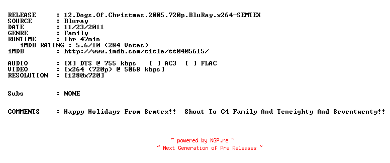 NFO for the release The.12.Dogs.Of.Christmas.2005.720p.BluRay.x264-SEMTEX by SEMTEX