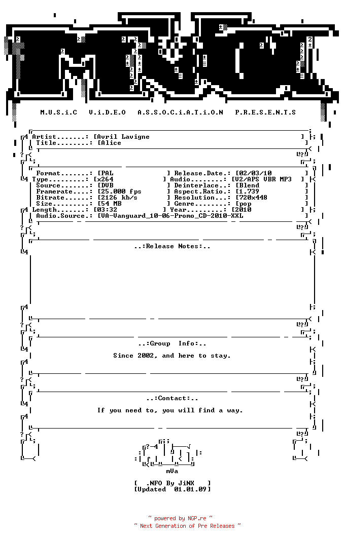 NFO for the release Avril_lavigne-alice-convert-x264-2010-mVa by mVa