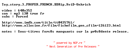 NFO for the release Toy.story.3.PROPER.FRENCH.BDRip.XviD-Unkrich by Unkrich