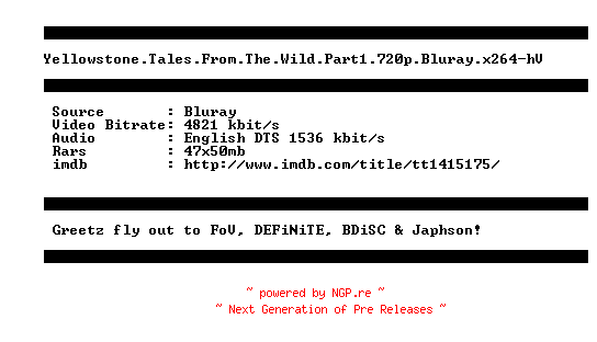 NFO for the release Yellowstone.Tales.From.The.Wild.Part1.720p.Bluray.x264-hV by hV