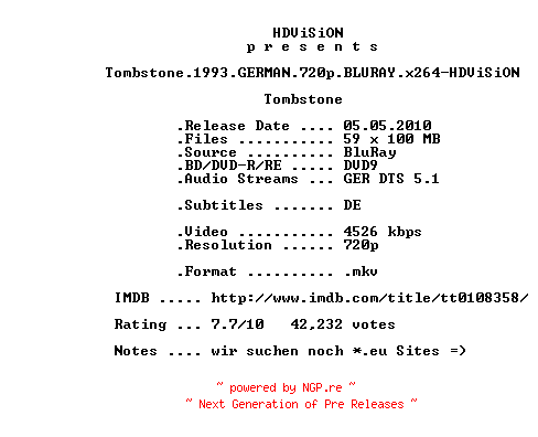 NFO for the release Tombstone.1993.GERMAN.720p.BLURAY.x264-HDViSiON by HDViSiON