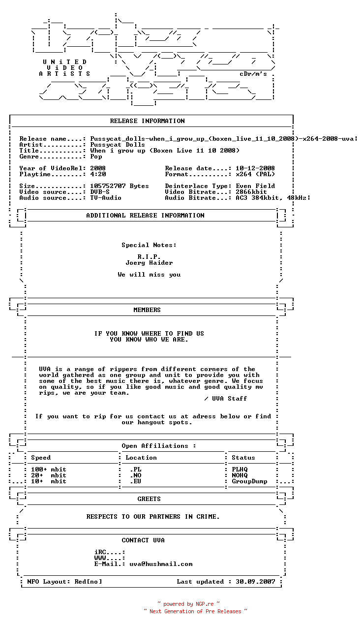NFO for the release Pussycat_dolls-when_i_grow_up_(boxen_live_11_10_2008)-x264-2008-uva by uva