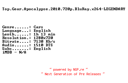 NFO for the release Top.Gear.Apocalypse.2010.720p.BluRay.x264-LEGENDARY by LEGENDARY